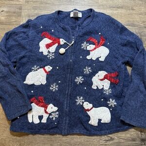 Vintage Polar Bear Holiday Womens Sweater Cardigan Y2K Winter Embroidered Zip L